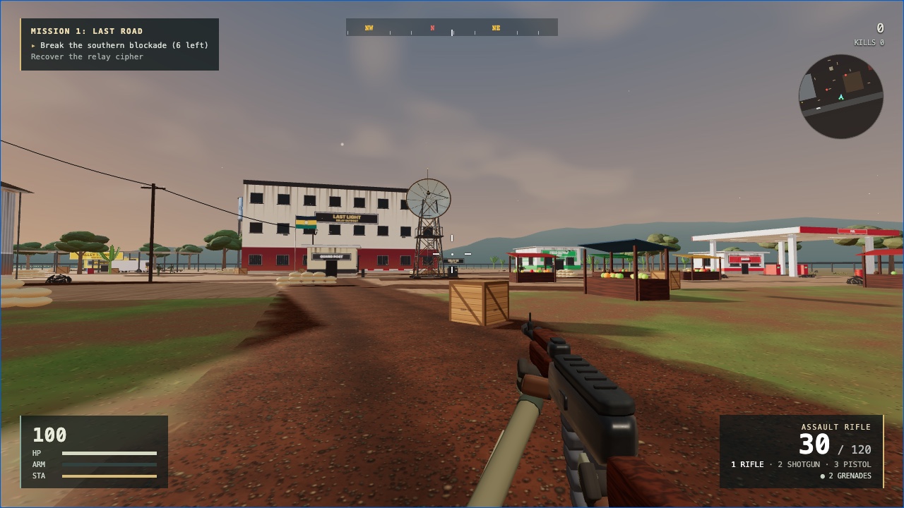 KABZ V: a rifle in the foreground and the relay outpost beyond a gravel road